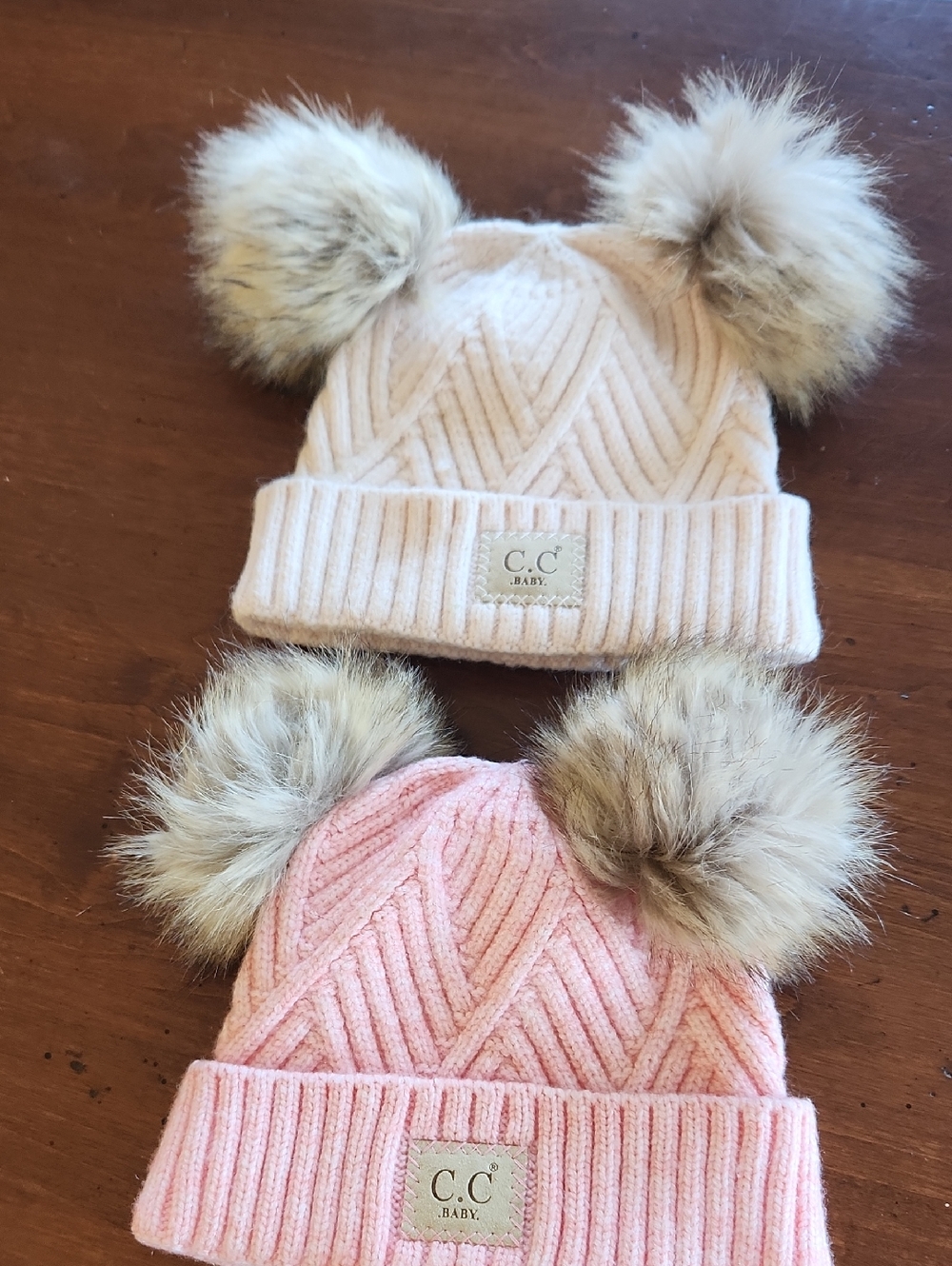 C.C Baby Double Pom Pom Winter Knit Beanies - Pink & Cream